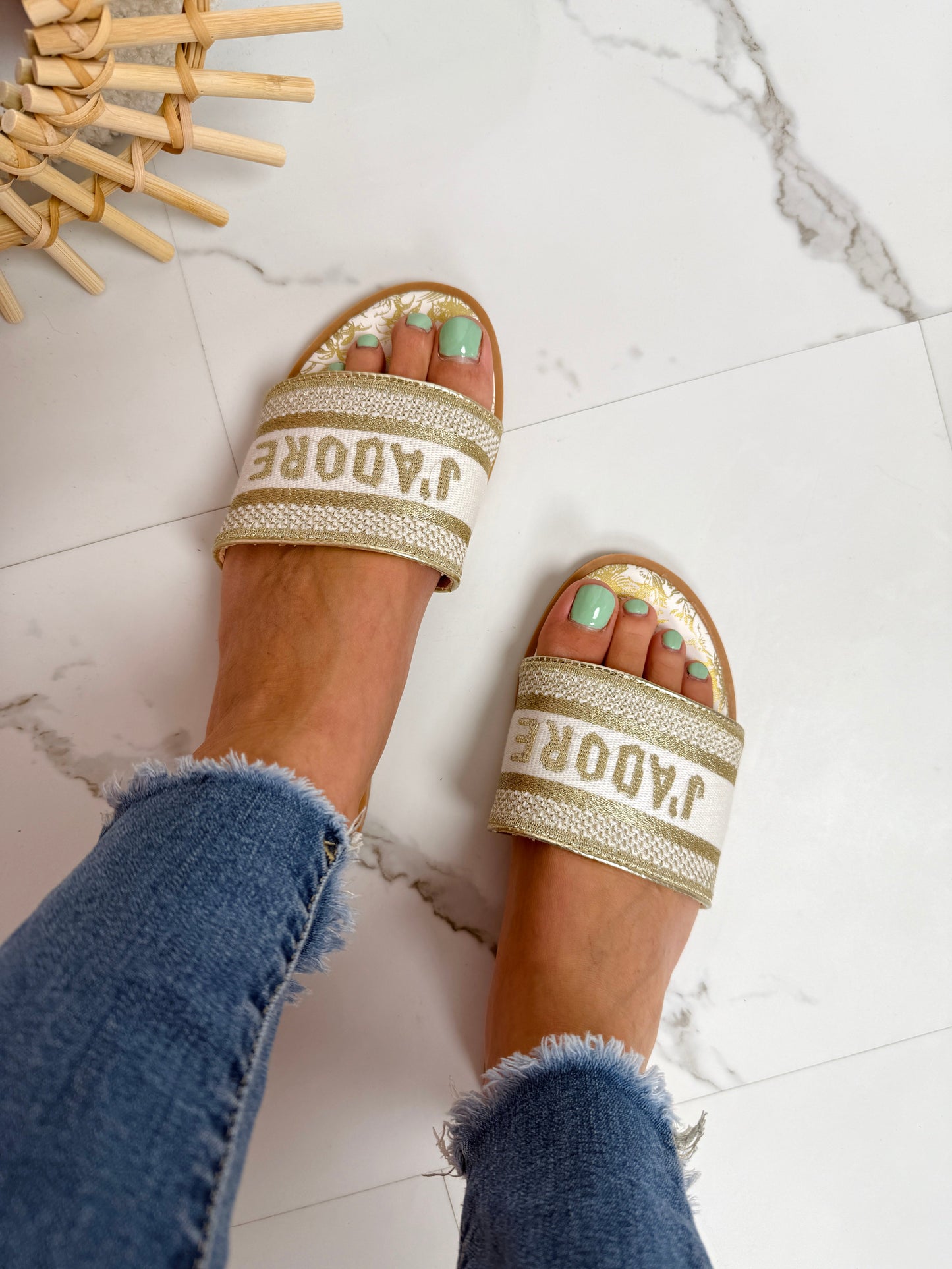 J'Adore Luxe Gold Slide Sandals
