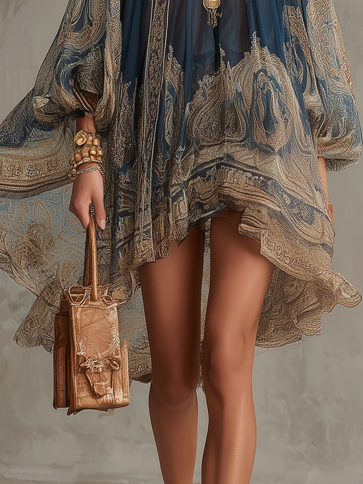 Mini Robe Bleu Marine en Mousseline Imprimé Baroque Col Haut Irrégulière