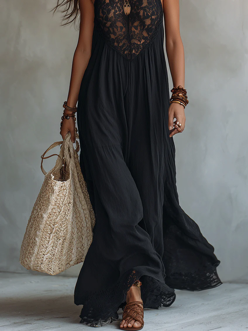Robe Maxi Noire Boho Sans Manches Bordée de Dentelle