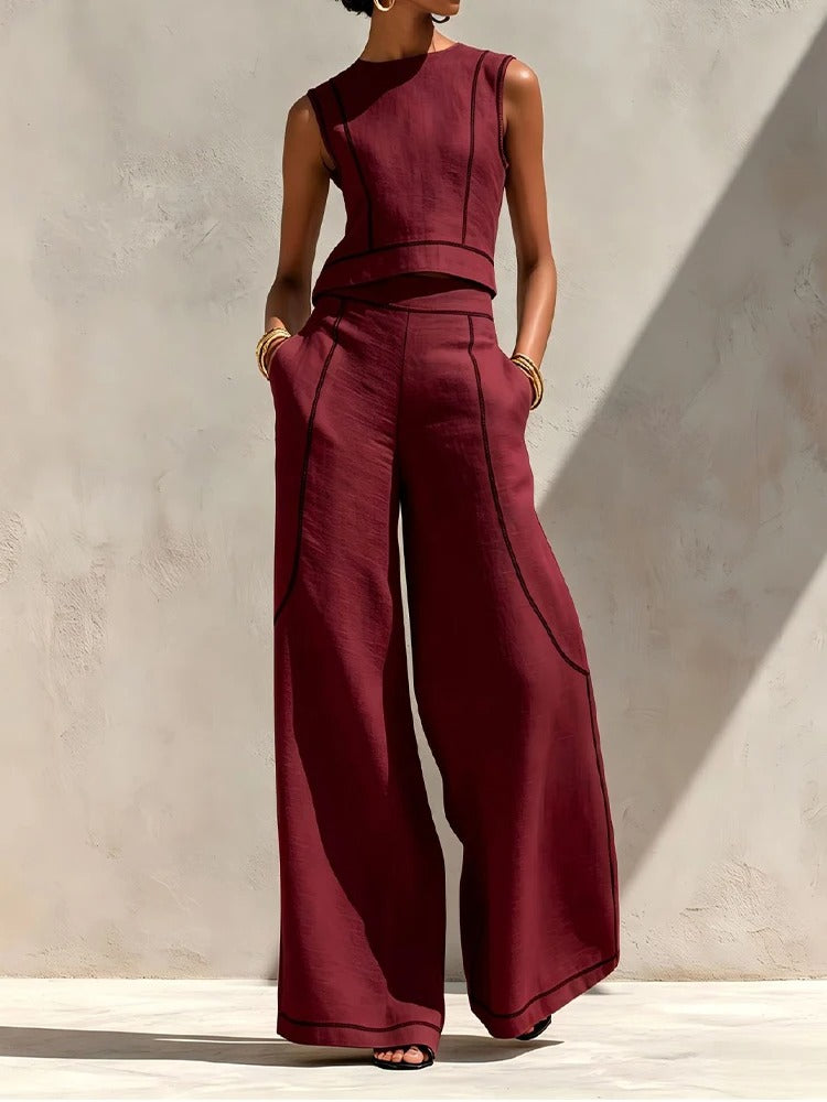 Inés Ensemble Deux Pièces avec Pantalon Palazzo et Accents Contrastants