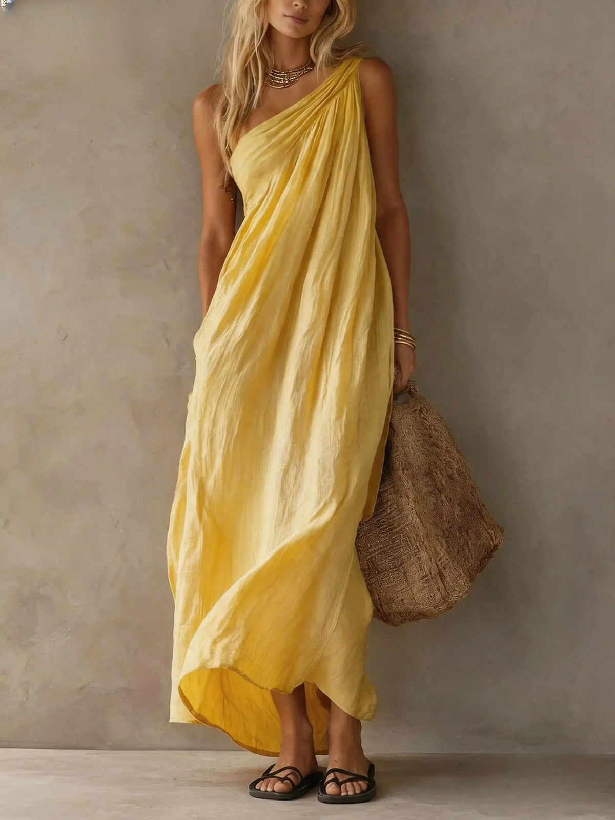 Asymmetrical Maxi Dress Adriana in Linen Look