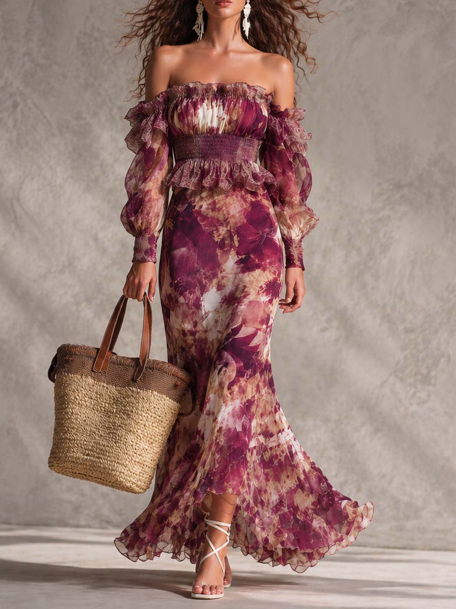 Robe Maxi Rose Florale Épaules Dénudées en Mousseline