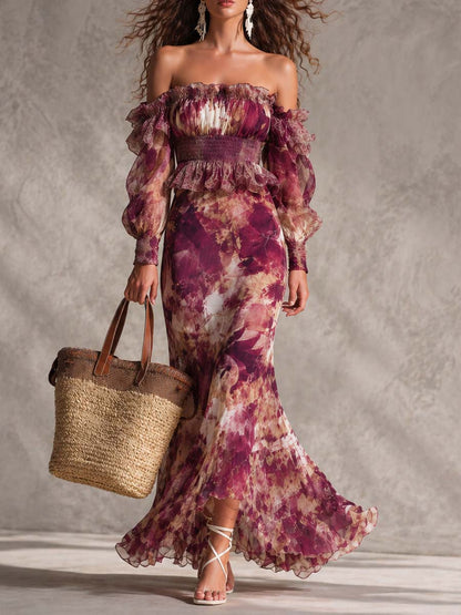 Robe Maxi Rose Florale Épaules Dénudées en Mousseline