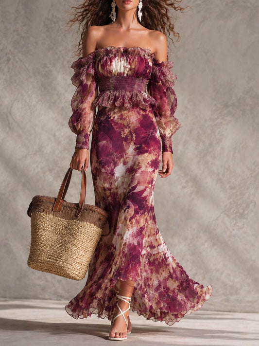 Robe Maxi Rose Florale Épaules Dénudées en Mousseline
