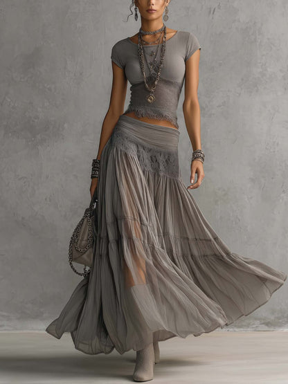 Ensemble Gris Top en Dentelle Transparente et Jupe Maxi Plissée
