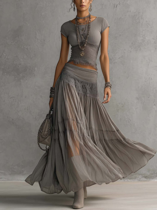 Ensemble Gris Top en Dentelle Transparente et Jupe Maxi Plissée