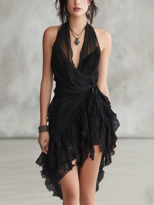 Mini Robe Noire Col Halter en Dentelle À Volants