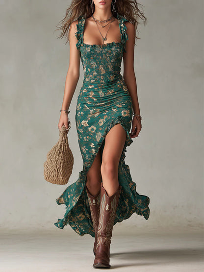 Robe Maxi Verte Bohème Imprimée avec Manches À Volants