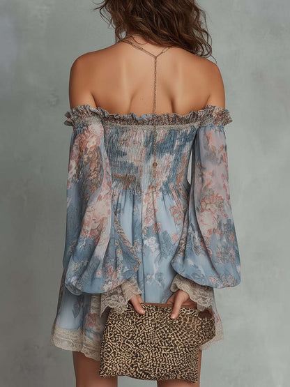 Romane | Robe Mini en Mousseline Froncée à Épaules Dénudées et Fleurs Romantiques