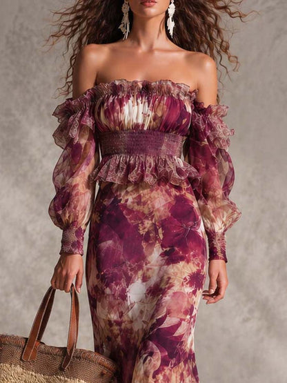 Robe Maxi Rose Florale Épaules Dénudées en Mousseline