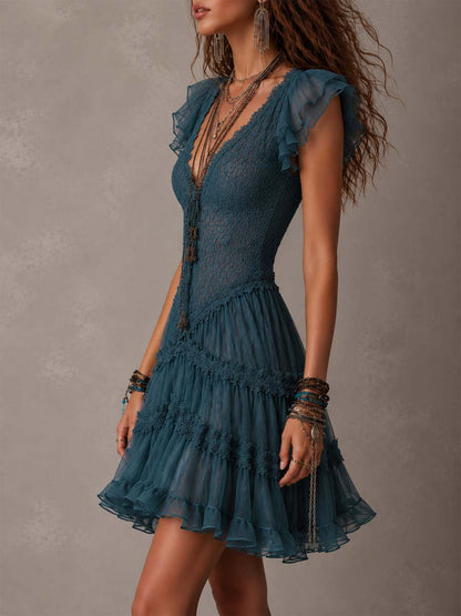 Delphine | Mini Robe à Volants en Dentelle et Mousseline Bleu Rétro