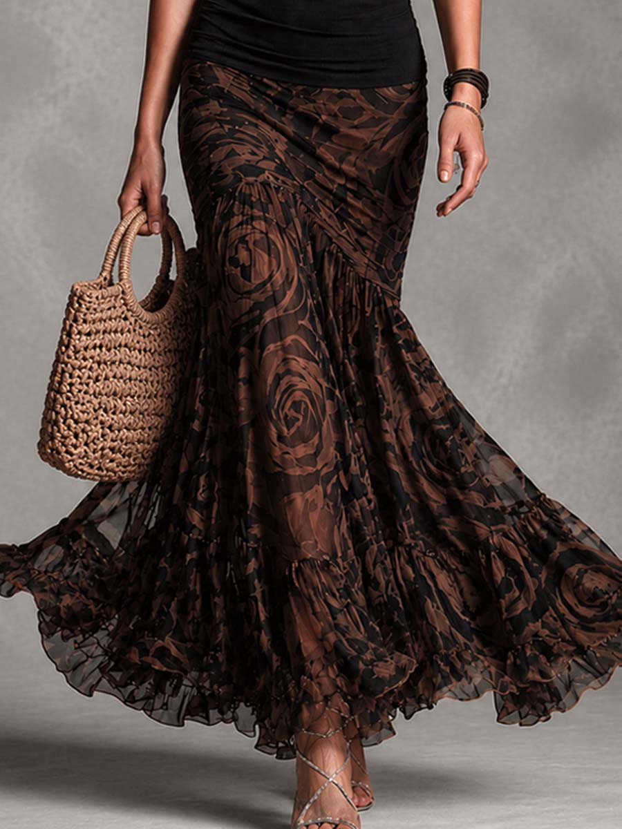 Ensemble vintage : Top noir à bretelles et jupe en tulle imprimée marron