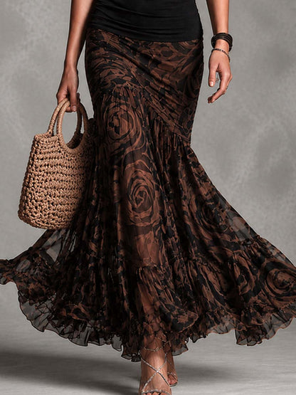 Ensemble vintage : Top noir à bretelles et jupe en tulle imprimée marron
