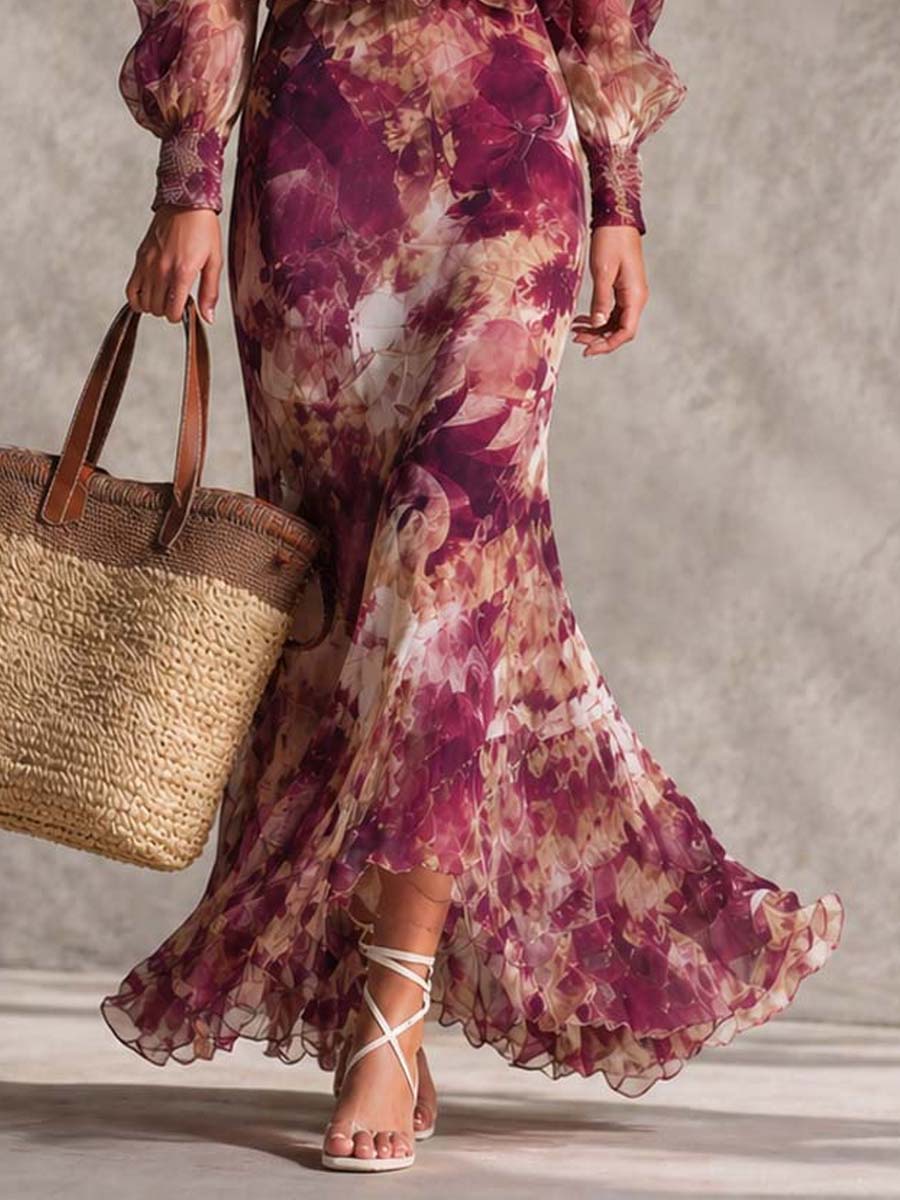 Robe Maxi Rose Florale Épaules Dénudées en Mousseline