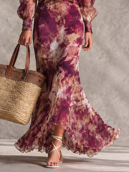 Robe Maxi Rose Florale Épaules Dénudées en Mousseline