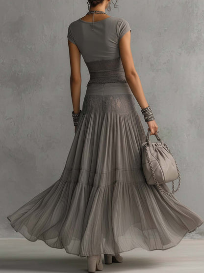 Ensemble Gris Top en Dentelle Transparente et Jupe Maxi Plissée
