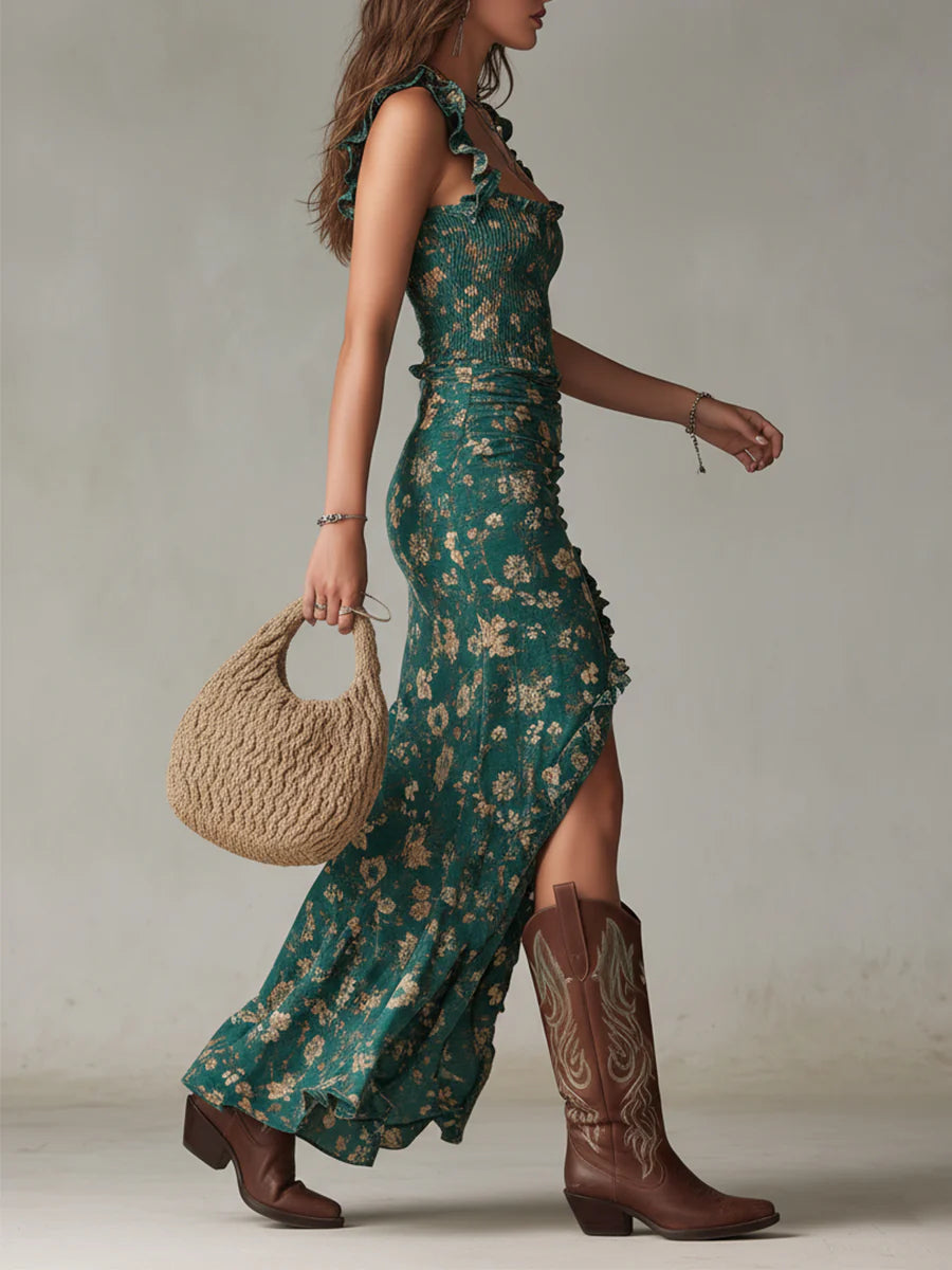 Robe Maxi Verte Bohème Imprimée avec Manches À Volants