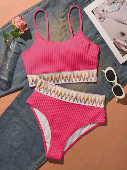 Bikini à Côtes - Haut et Slip Taille Haute