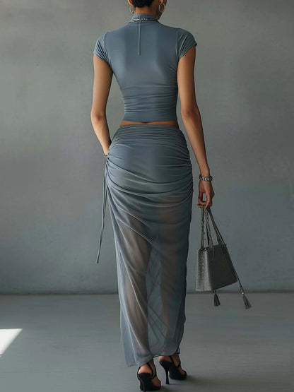 Ensemble Bleu T-Shirt Court et Jupe Drapée en Mesh Transparent