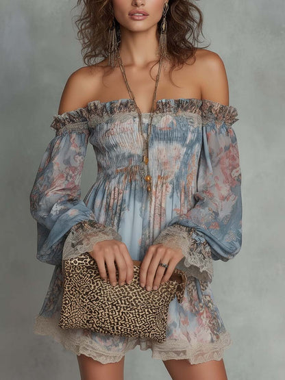 Romane | Robe Mini en Mousseline Froncée à Épaules Dénudées et Fleurs Romantiques
