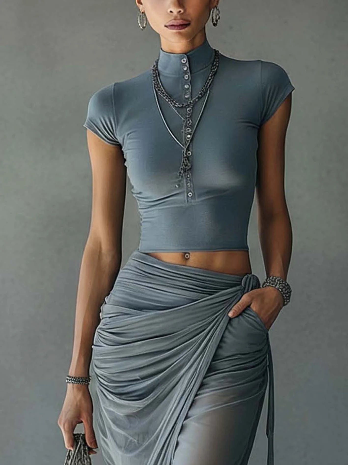 Ensemble Bleu T-Shirt Court et Jupe Drapée en Mesh Transparent