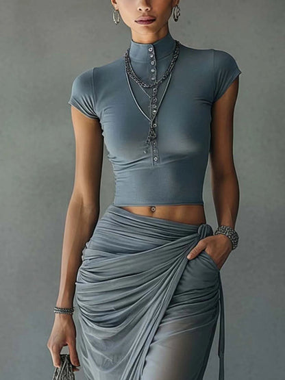 Ensemble Bleu T-Shirt Court et Jupe Drapée en Mesh Transparent