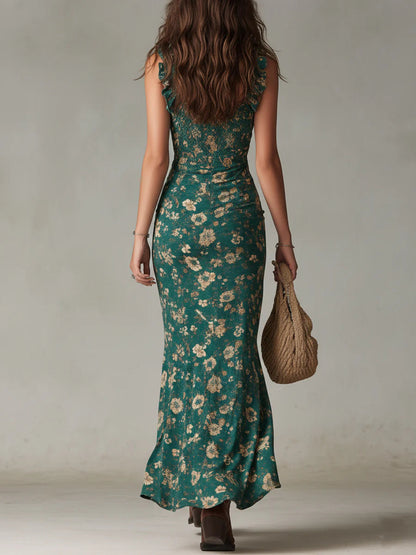 Robe Maxi Verte Bohème Imprimée avec Manches À Volants