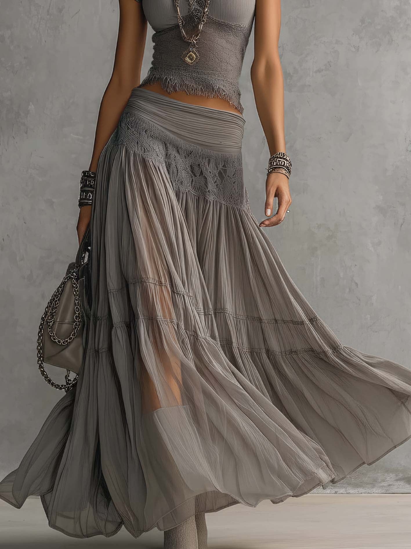 Ensemble Gris Top en Dentelle Transparente et Jupe Maxi Plissée