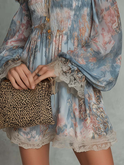 Romane | Robe Mini en Mousseline Froncée à Épaules Dénudées et Fleurs Romantiques