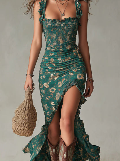 Robe Maxi Verte Bohème Imprimée avec Manches À Volants