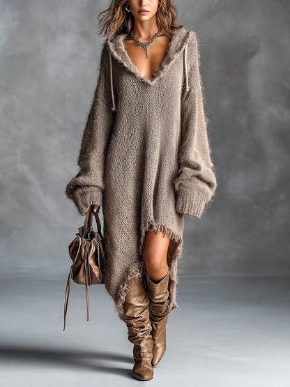 Robe midi en tricot doux avec capuche