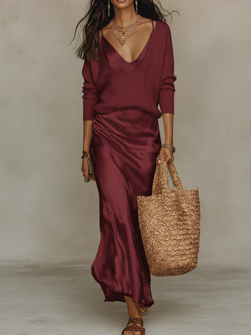 Elena – Robe midi satinée avec maille assortie
