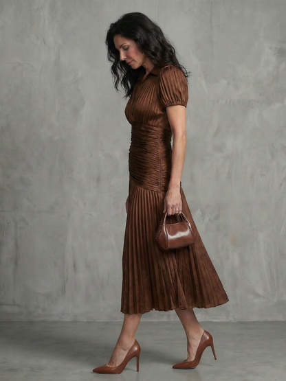 Léa | Robe midi rayée à taille plissée