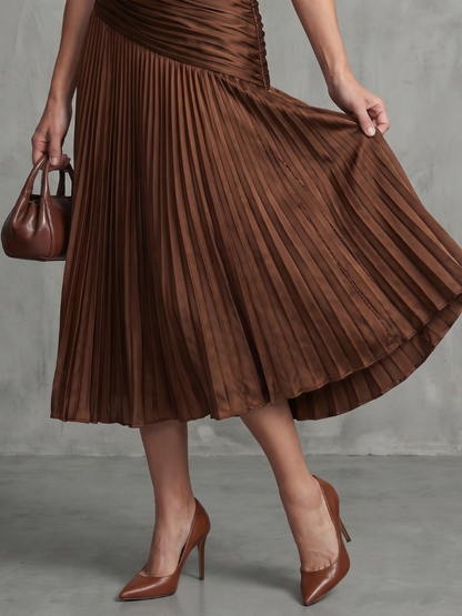 Léa | Robe midi rayée à taille plissée
