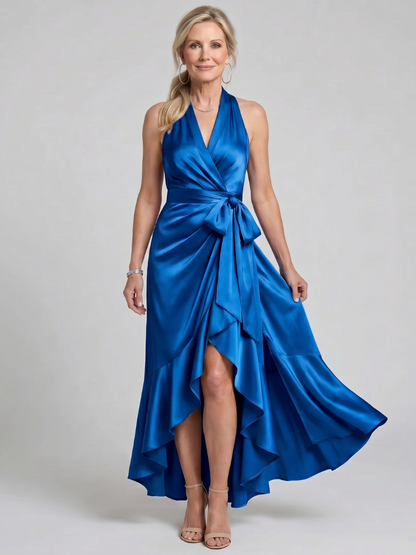 Amélie | Robe midi portefeuille à col halter et ourlet asymétrique