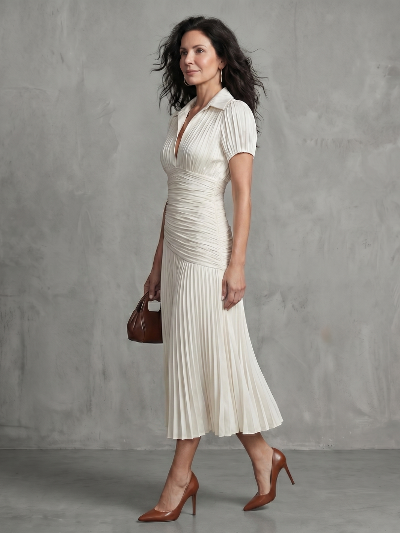 Léa | Robe midi rayée à taille plissée