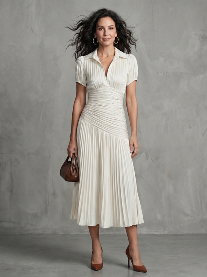 Léa | Robe midi rayée à taille plissée