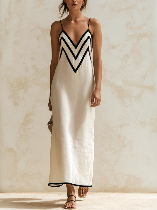 Marisa | Robe Longue à Motif Chevron avec Détails Contrastants