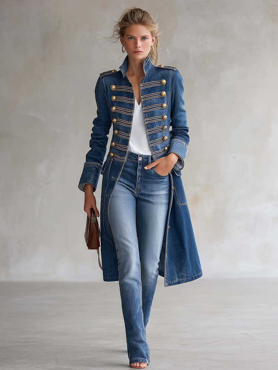 Manteau long en denim cintré au style militaire avec boutons dorés