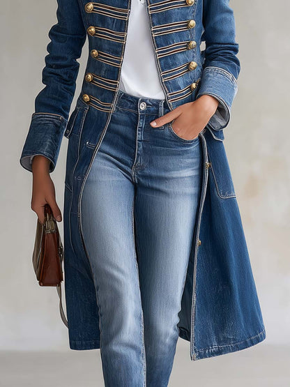 Manteau long en denim cintré au style militaire avec boutons dorés
