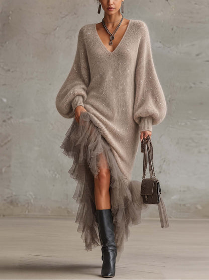 Robe midi en mohair taupe ornée de sequins avec jupe en tulle transparent à volants superposés