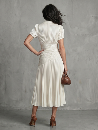 Léa | Robe midi rayée à taille plissée