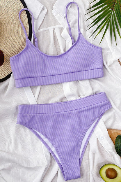 Bikini à Côtes avec Top à Bande et Culotte Taille Haute