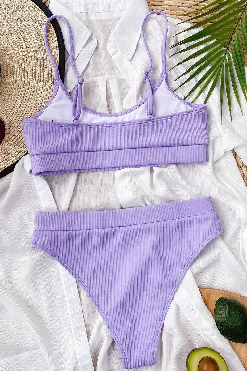 Bikini à Côtes avec Top à Bande et Culotte Taille Haute