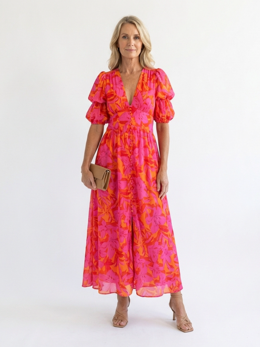 Jade | Robe midi fleurie à col V et manches bouffantes