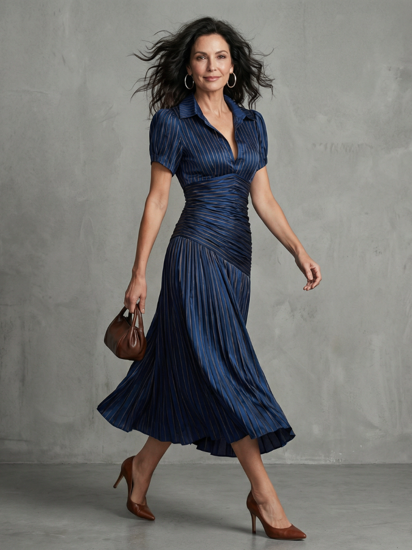 Léa | Robe midi rayée à taille plissée