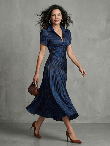 Léa | Robe midi rayée à taille plissée