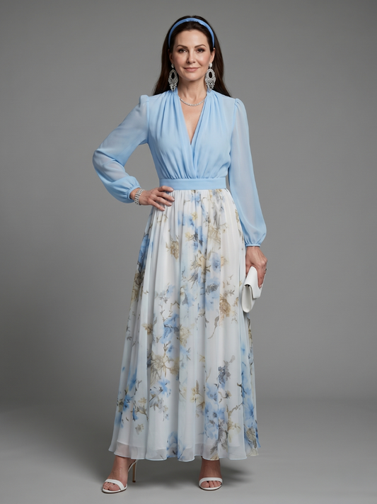 Clara | Robe longue fleurie à col V et corsage transparent