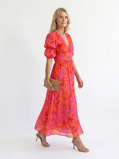 Jade | Robe midi fleurie à col V et manches bouffantes