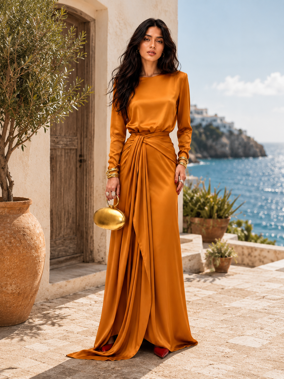 "Robe Maxi Élégante en Satin Drapé" can be rewritten as "Robe Maxi Chic en Satin Drapé".